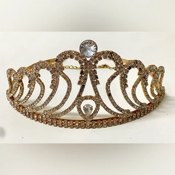 Mid Century Vintage Gold Tone Faux Diamond Jeweled Crown Tiara